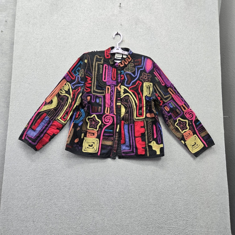 Chico's Women Jacket 2 Black Geometric Abstract Artsy Embroidered Colorful